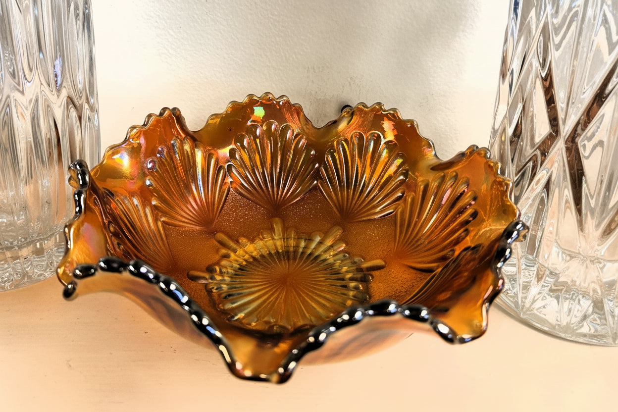 Antique Fenton Marigold Carnival Glass Ribbon Tie Ruffled Bowl, Circa 1911