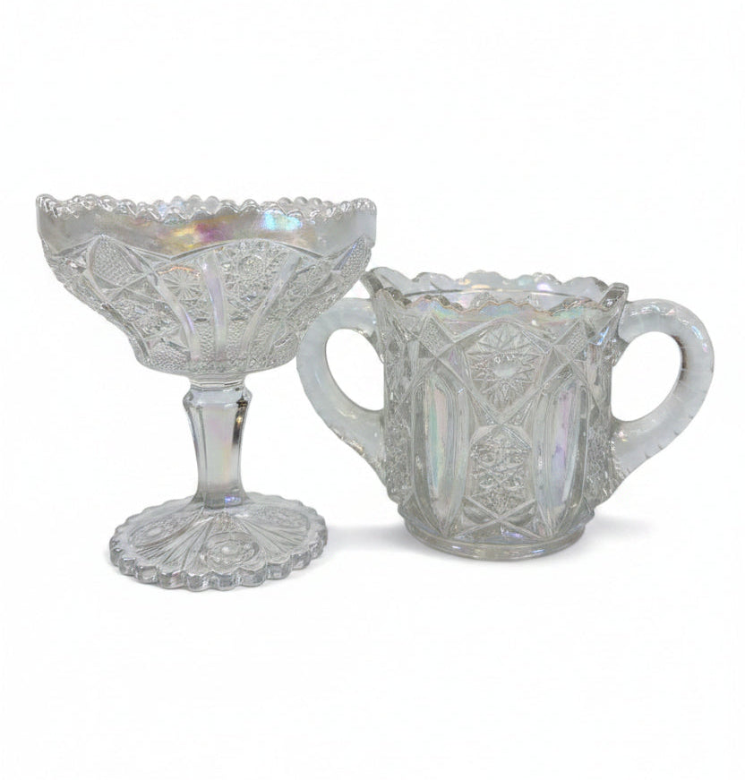 Antique Imperial Glass Mogul Star File 2pc Set Sugar Bowl & Pedestal Compote 612 EAPG