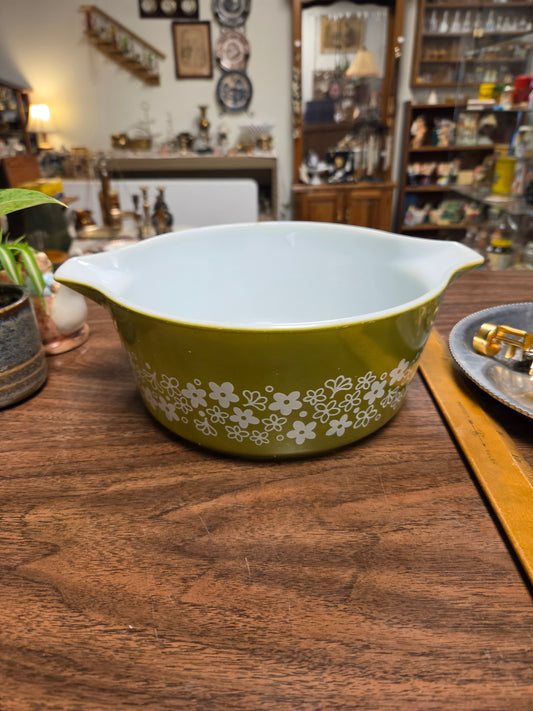 Vintage Pyrex Crazy Daisy 475-B Round Casserole Dish 2.5 Qt Spring Blossom Green