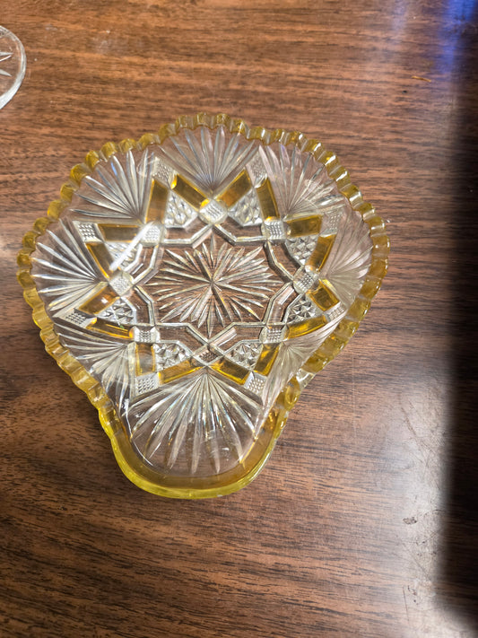 Antique EAPG Duncan & Miller Amberette Nappy Bowl, George Duncan Ellrose Pattern Clear Glass Dish with Amber Yellow Stained Panels, 1880s Victoriana