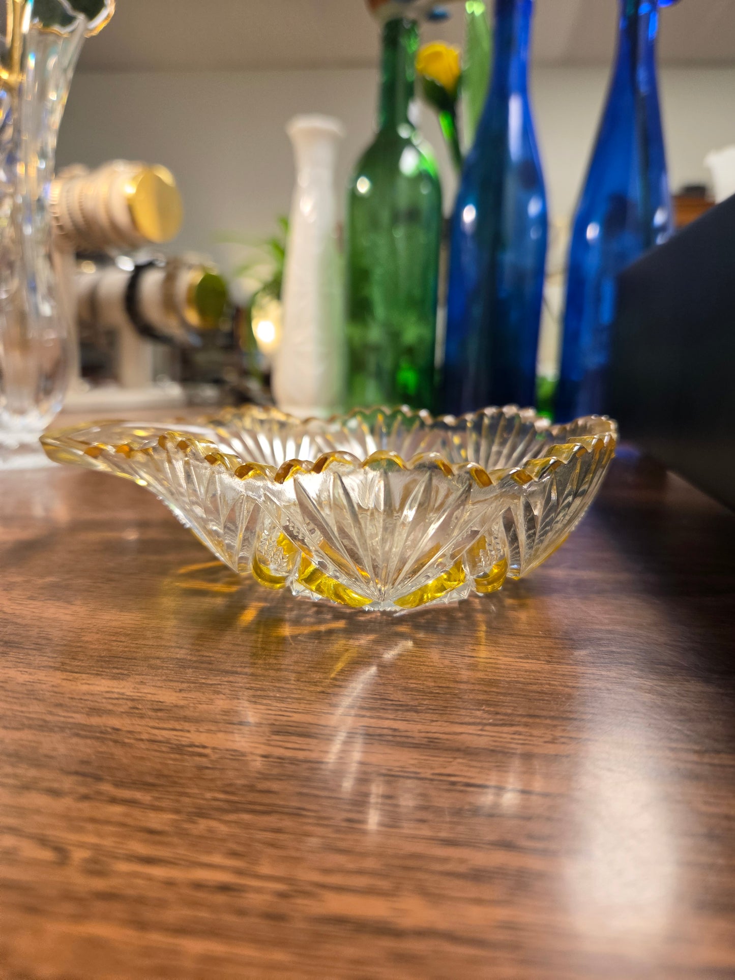 Antique EAPG Duncan & Miller Amberette Nappy Bowl, George Duncan Ellrose Pattern Clear Glass Dish with Amber Yellow Stained Panels, 1880s Victoriana