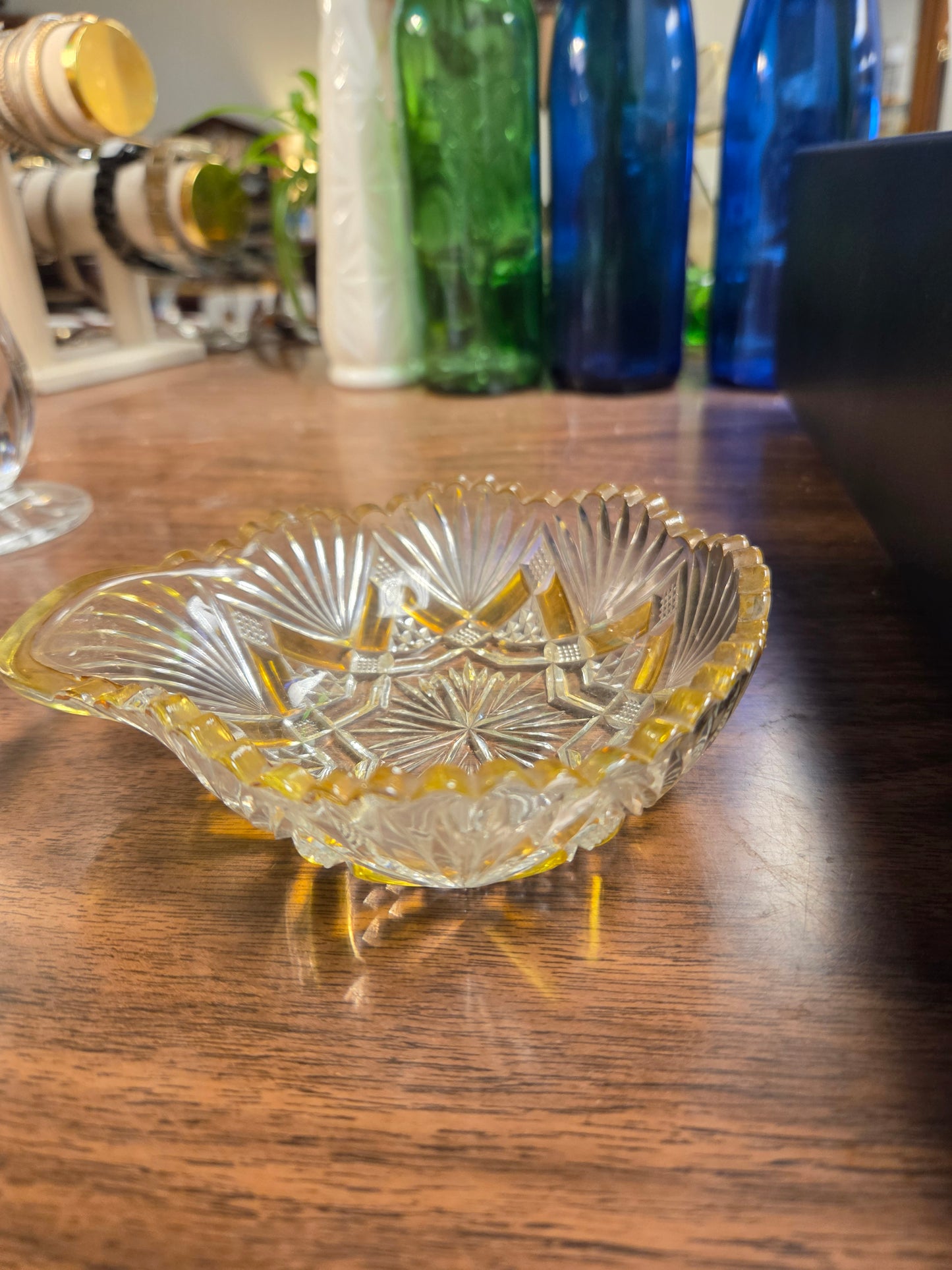 Antique EAPG Duncan & Miller Amberette Nappy Bowl, George Duncan Ellrose Pattern Clear Glass Dish with Amber Yellow Stained Panels, 1880s Victoriana