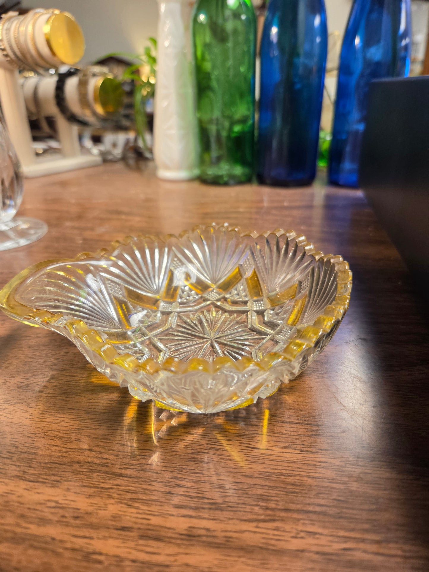 Antique EAPG Duncan & Miller Amberette Nappy Bowl, George Duncan Ellrose Pattern Clear Glass Dish with Amber Yellow Stained Panels, 1880s Victoriana