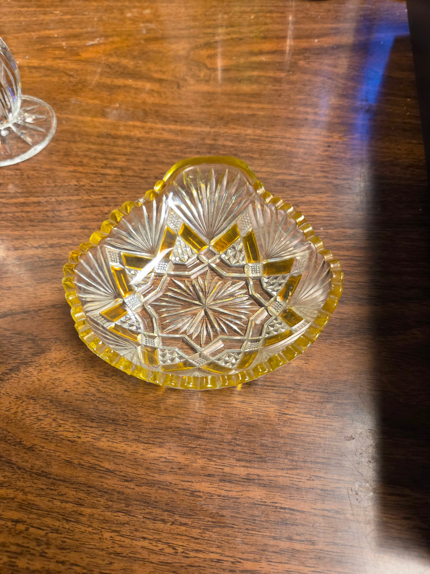 Antique EAPG Duncan & Miller Amberette Nappy Bowl, George Duncan Ellrose Pattern Clear Glass Dish with Amber Yellow Stained Panels, 1880s Victoriana