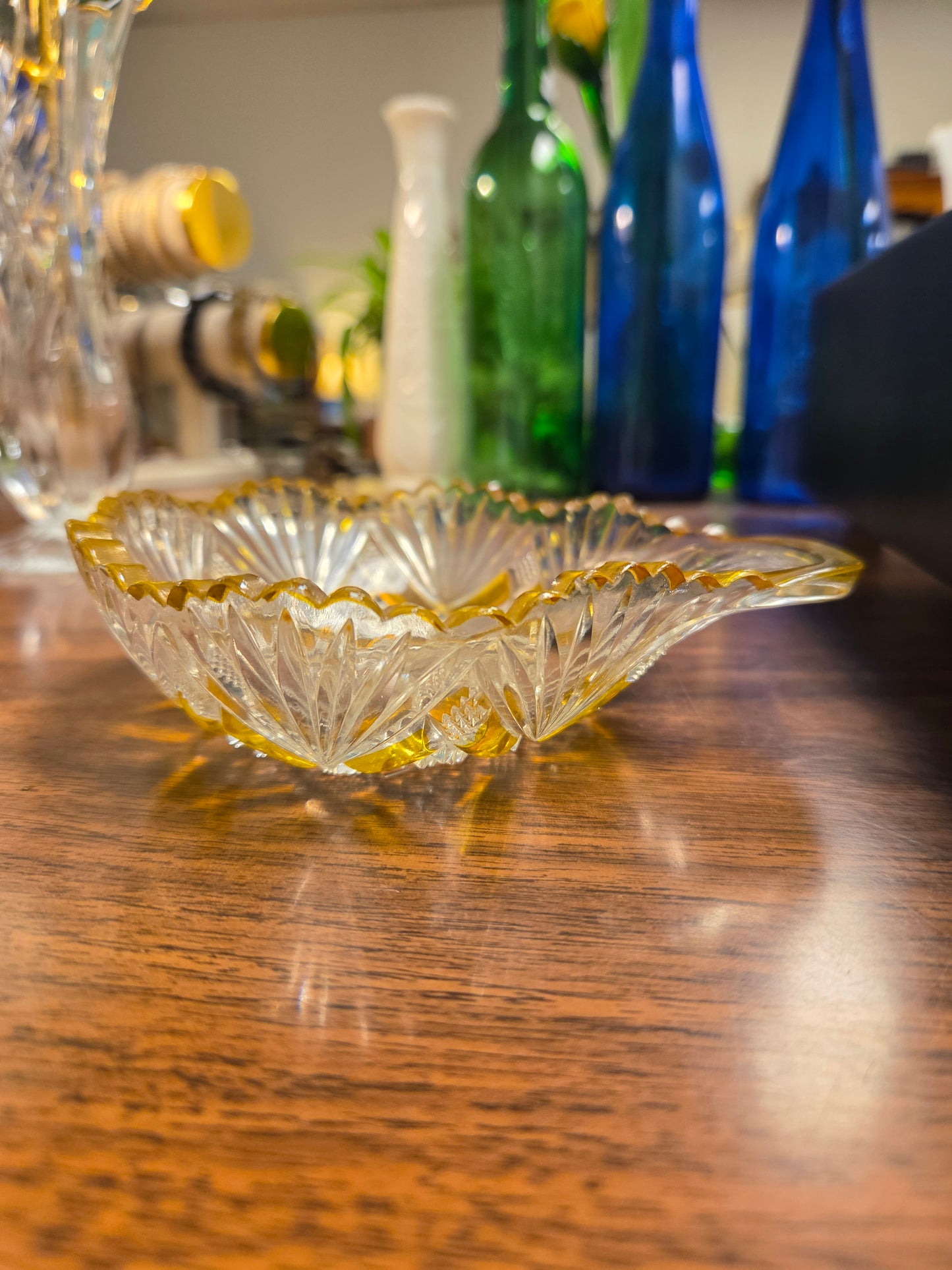 Antique EAPG Duncan & Miller Amberette Nappy Bowl, George Duncan Ellrose Pattern Clear Glass Dish with Amber Yellow Stained Panels, 1880s Victoriana