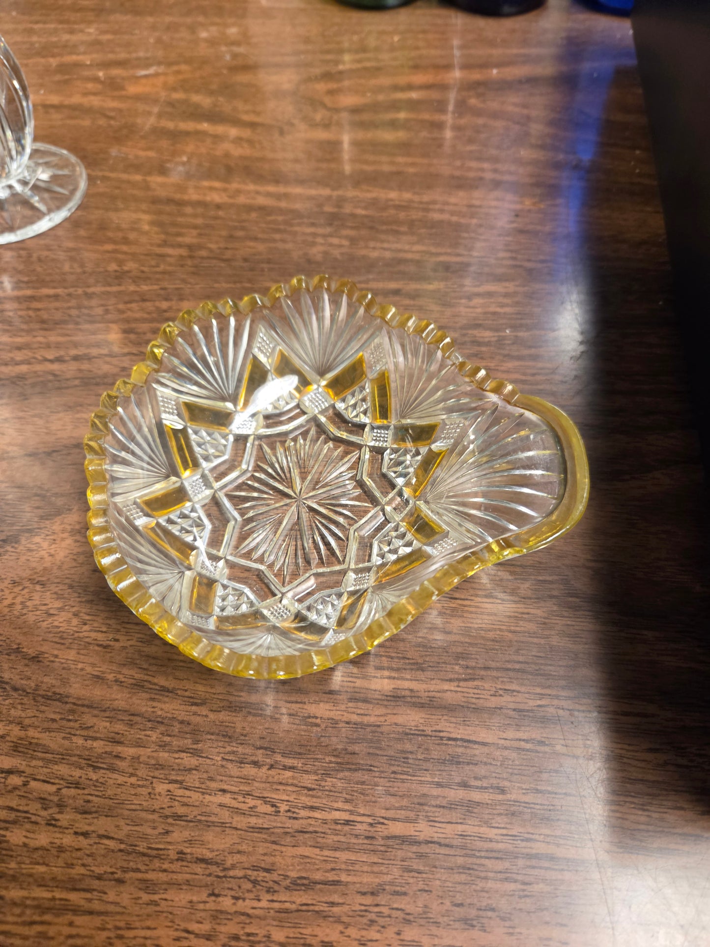Antique EAPG Duncan & Miller Amberette Nappy Bowl, George Duncan Ellrose Pattern Clear Glass Dish with Amber Yellow Stained Panels, 1880s Victoriana