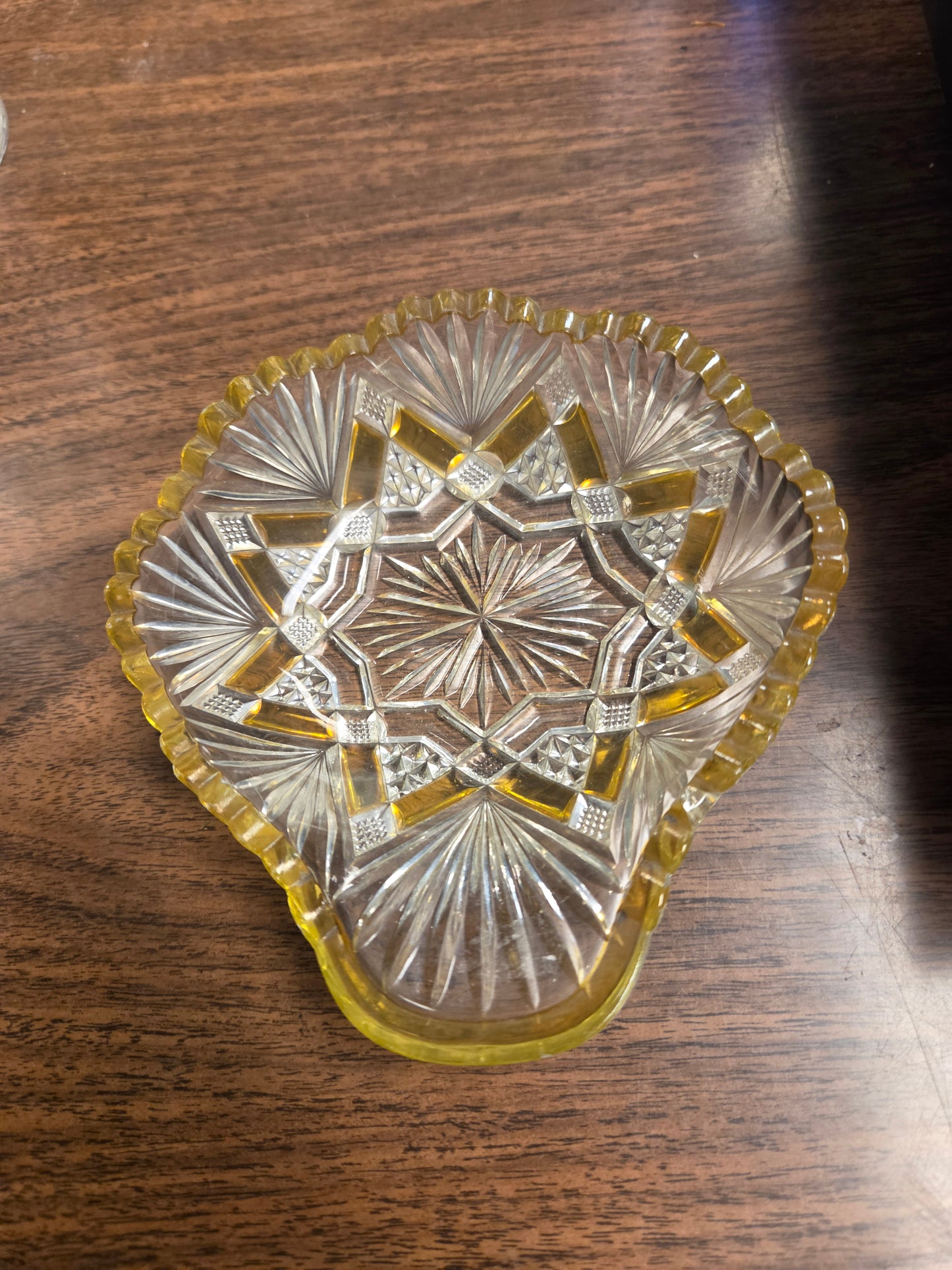 Antique EAPG Duncan & Miller Amberette Nappy Bowl, George Duncan Ellrose Pattern Clear Glass Dish with Amber Yellow Stained Panels, 1880s Victoriana