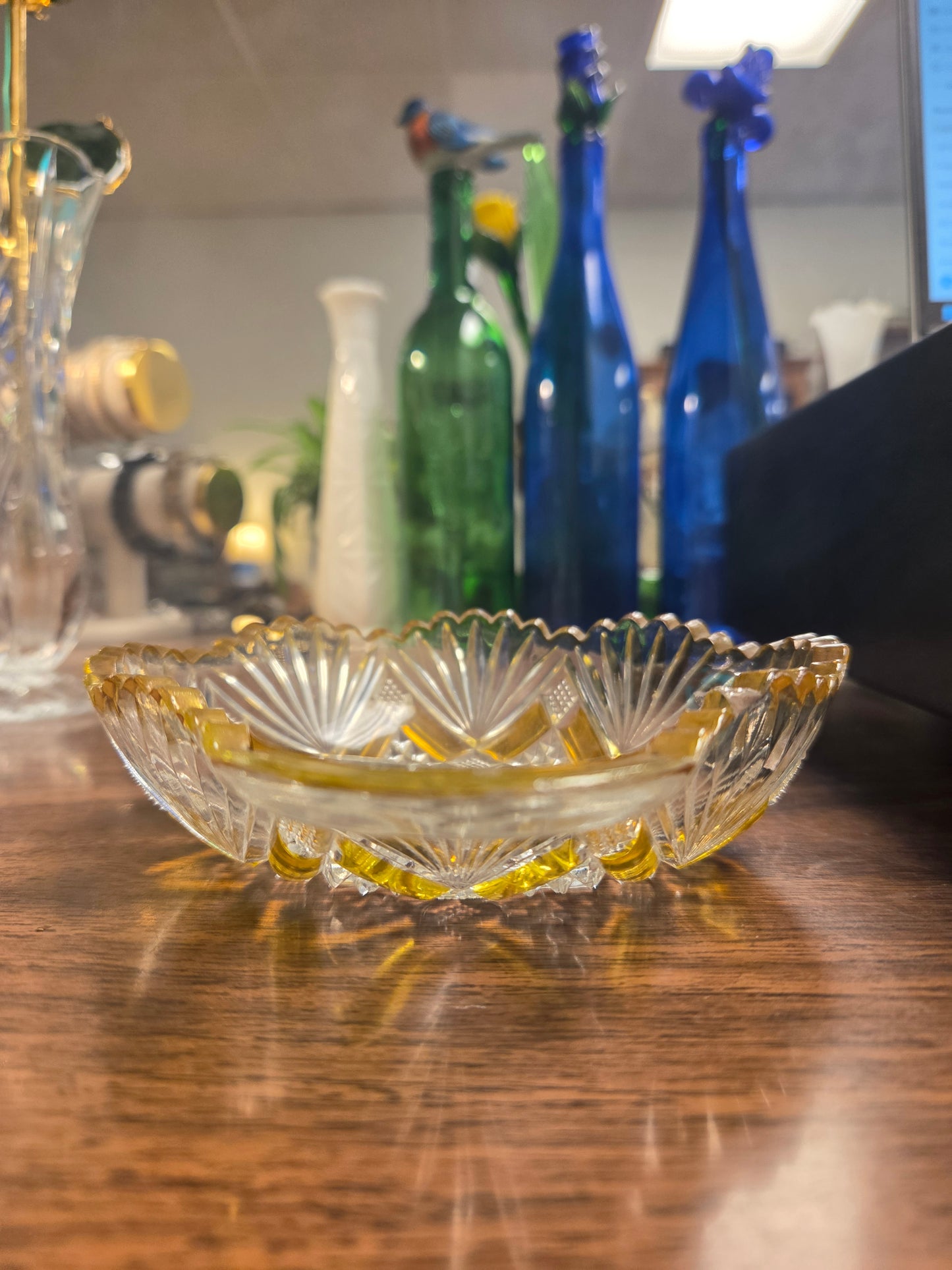 Antique EAPG Duncan & Miller Amberette Nappy Bowl, George Duncan Ellrose Pattern Clear Glass Dish with Amber Yellow Stained Panels, 1880s Victoriana