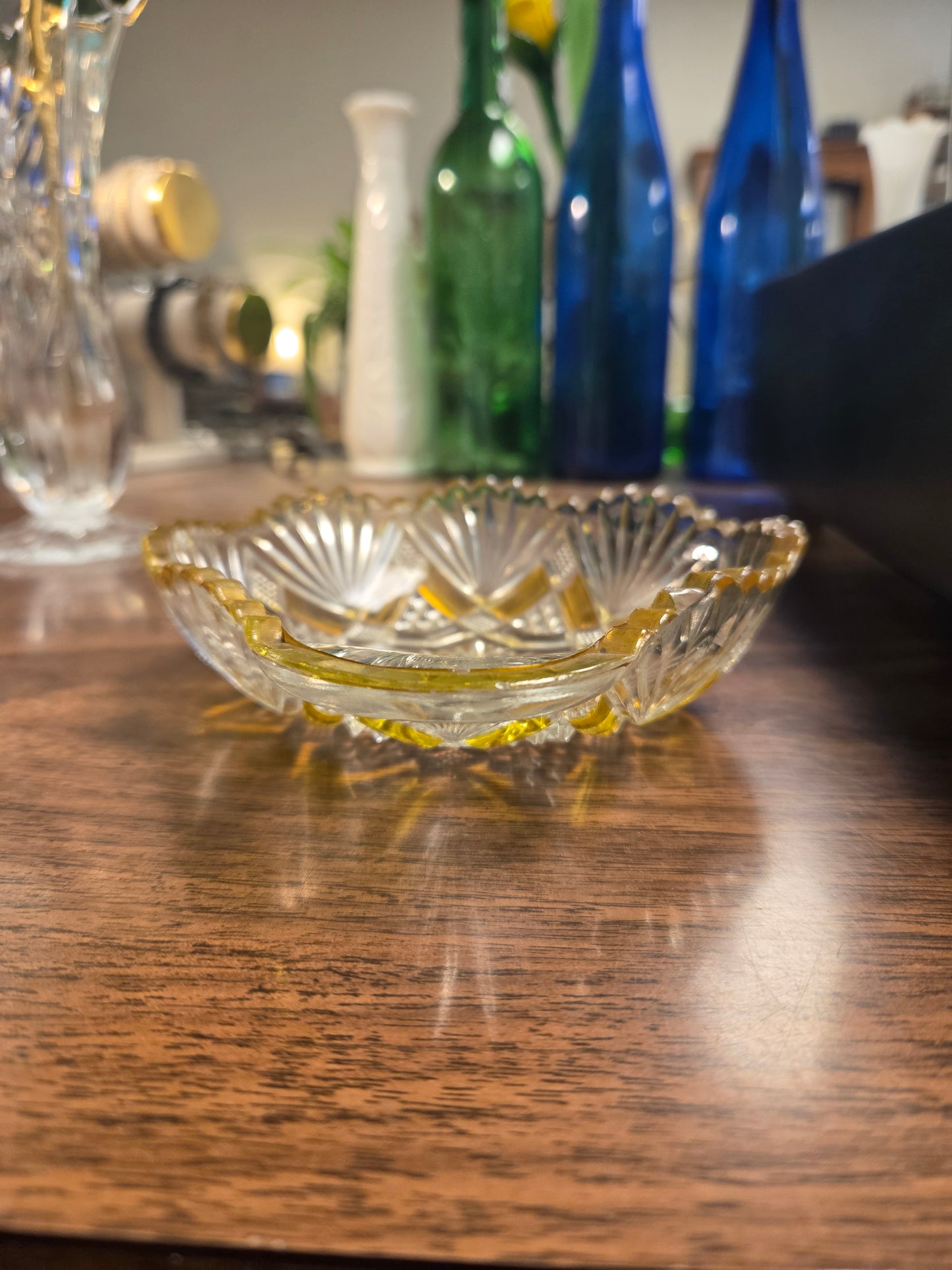 Antique EAPG Duncan & Miller Amberette Nappy Bowl, George Duncan Ellrose Pattern Clear Glass Dish with Amber Yellow Stained Panels, 1880s Victoriana