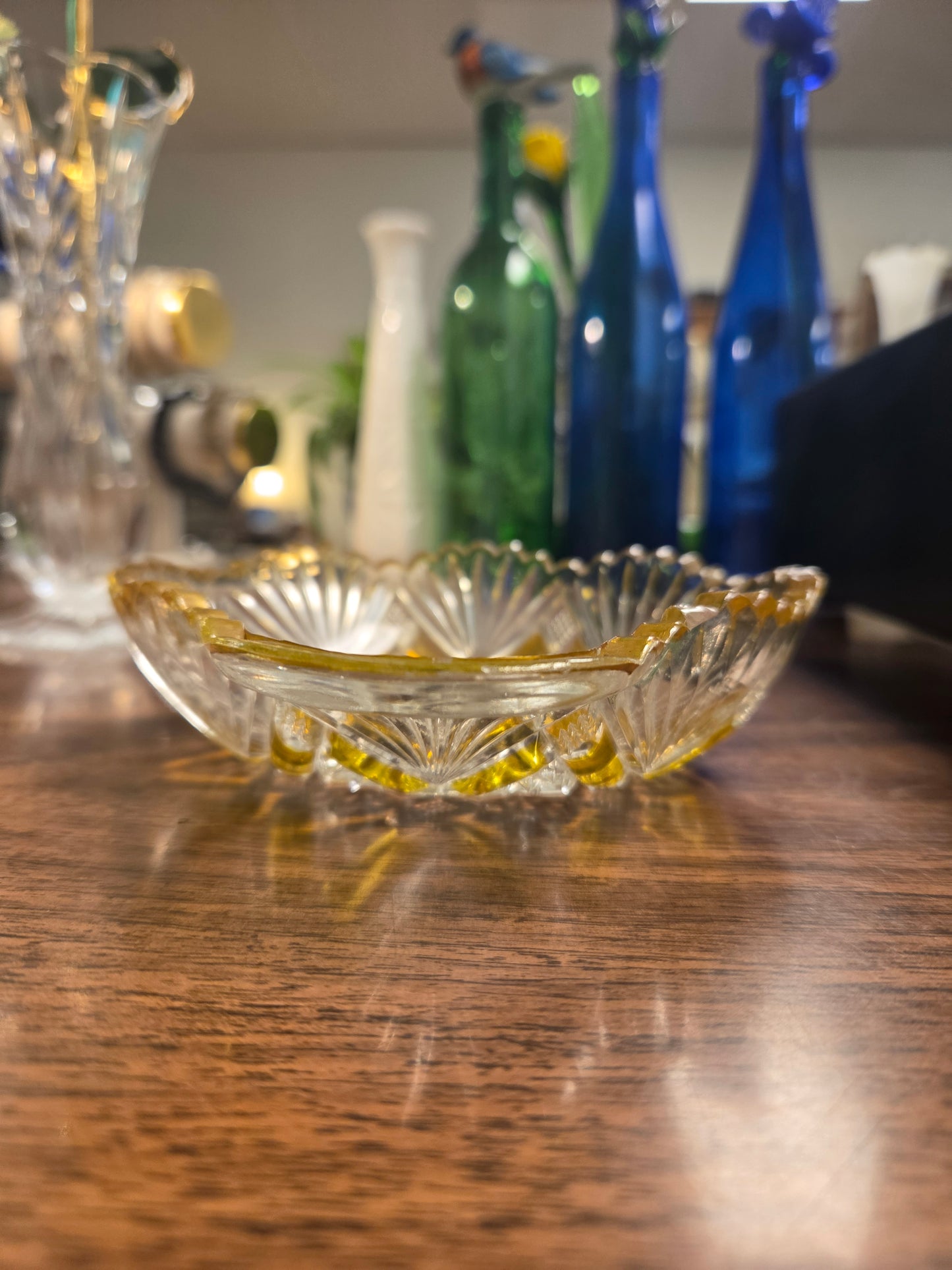 Antique EAPG Duncan & Miller Amberette Nappy Bowl, George Duncan Ellrose Pattern Clear Glass Dish with Amber Yellow Stained Panels, 1880s Victoriana