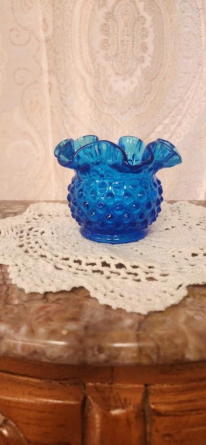 Vintage Fenton Glass Colonial Blue Hobnail Ruffled Rose Bowl Small Vase 3" MCM