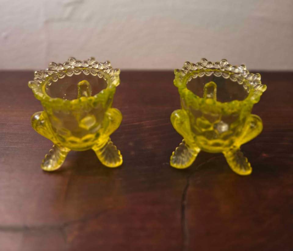 Vintage Uranium Vaseline Glass "Forget-Me-Not" Footed Toothpick Holders - Matching Pair - Bright UV