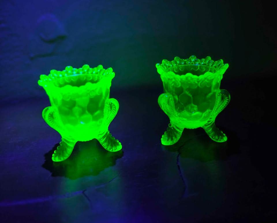 Vintage Uranium Vaseline Glass "Forget-Me-Not" Footed Toothpick Holders - Matching Pair - Bright UV