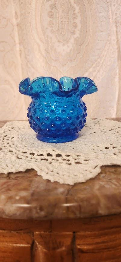 Vintage Fenton Glass Colonial Blue Hobnail Ruffled Rose Bowl Small Vase 3" MCM