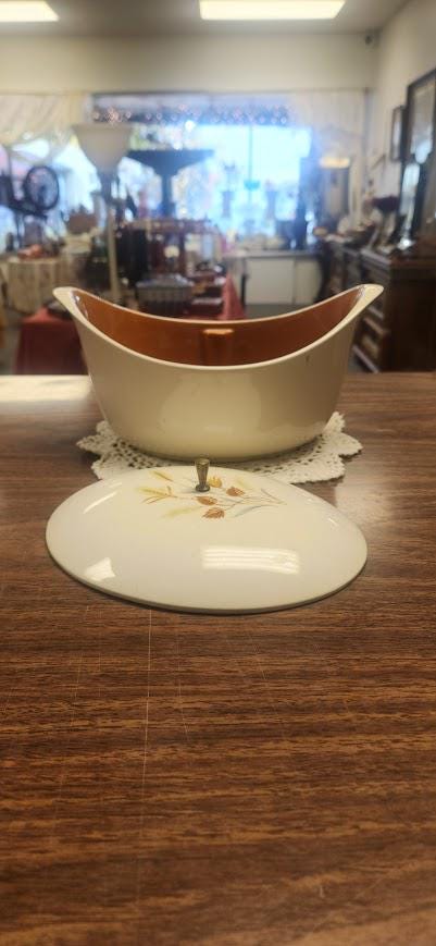 Vintage Taylor Smith Ironstone Soup Tureen, Mid Century White & Rust