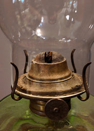Antique Late Victorian Emerald Green Glass Kerosene Oil Lamp with Plume & Atwood Brass Burner