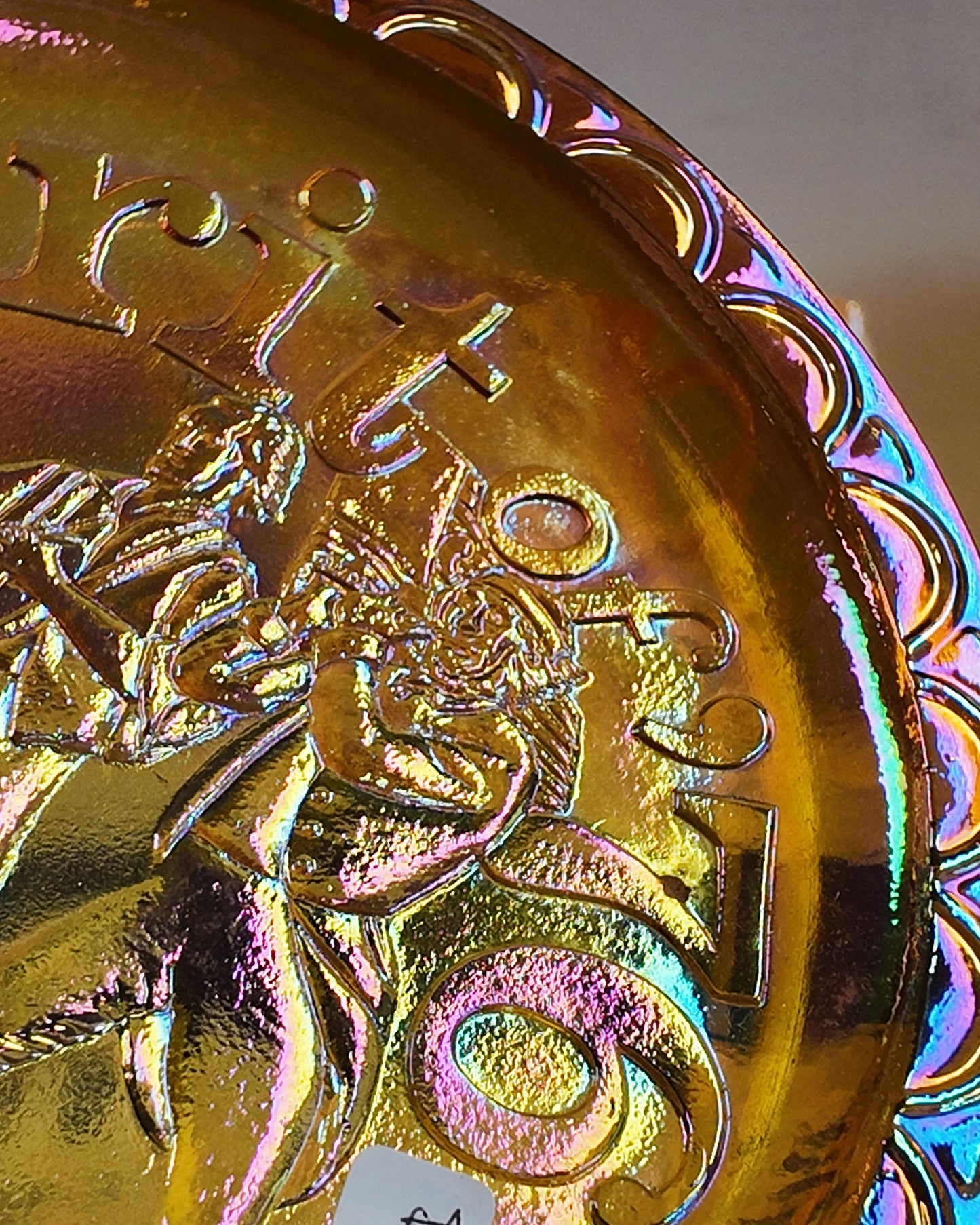 Vintage 1976 Indiana Glass "Spirit of '76" Marigold Carnival Glass Bicentennial Plate [INDEX: 1.2.6]