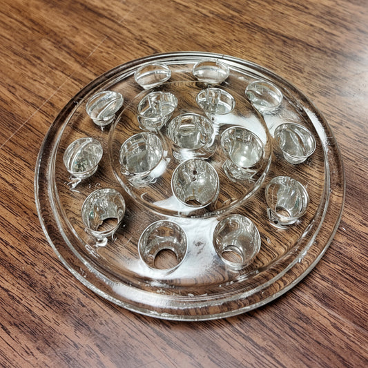 Vintage Clear Glass Flower Frog 16 Hole Floral Stem Holder Arranger, Heavy Domed Pressed Glass Centerpiece Vase Insert, Mid-Century Floral Craft Tool 5"