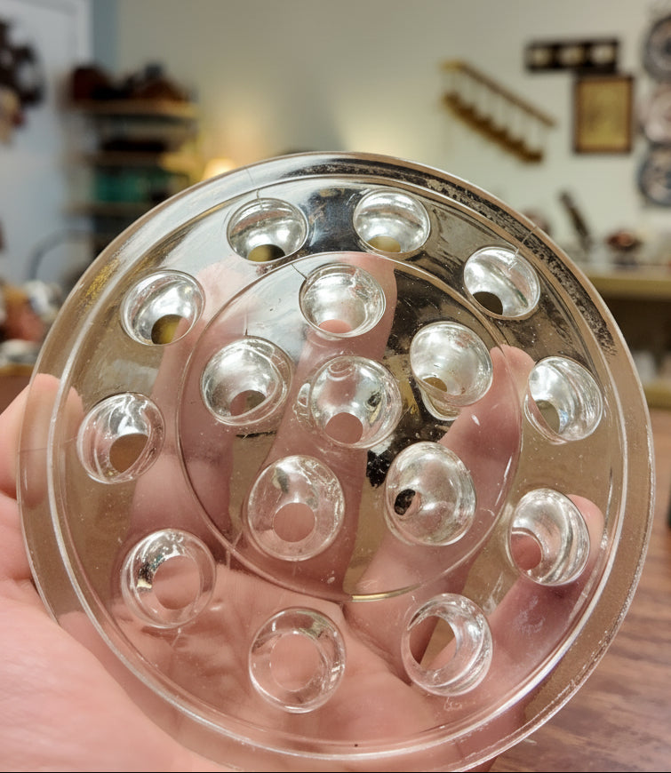 Vintage Clear Glass Flower Frog 16 Hole Floral Stem Holder Arranger, Heavy Domed Pressed Glass Centerpiece Vase Insert, Mid-Century Floral Craft Tool 5"