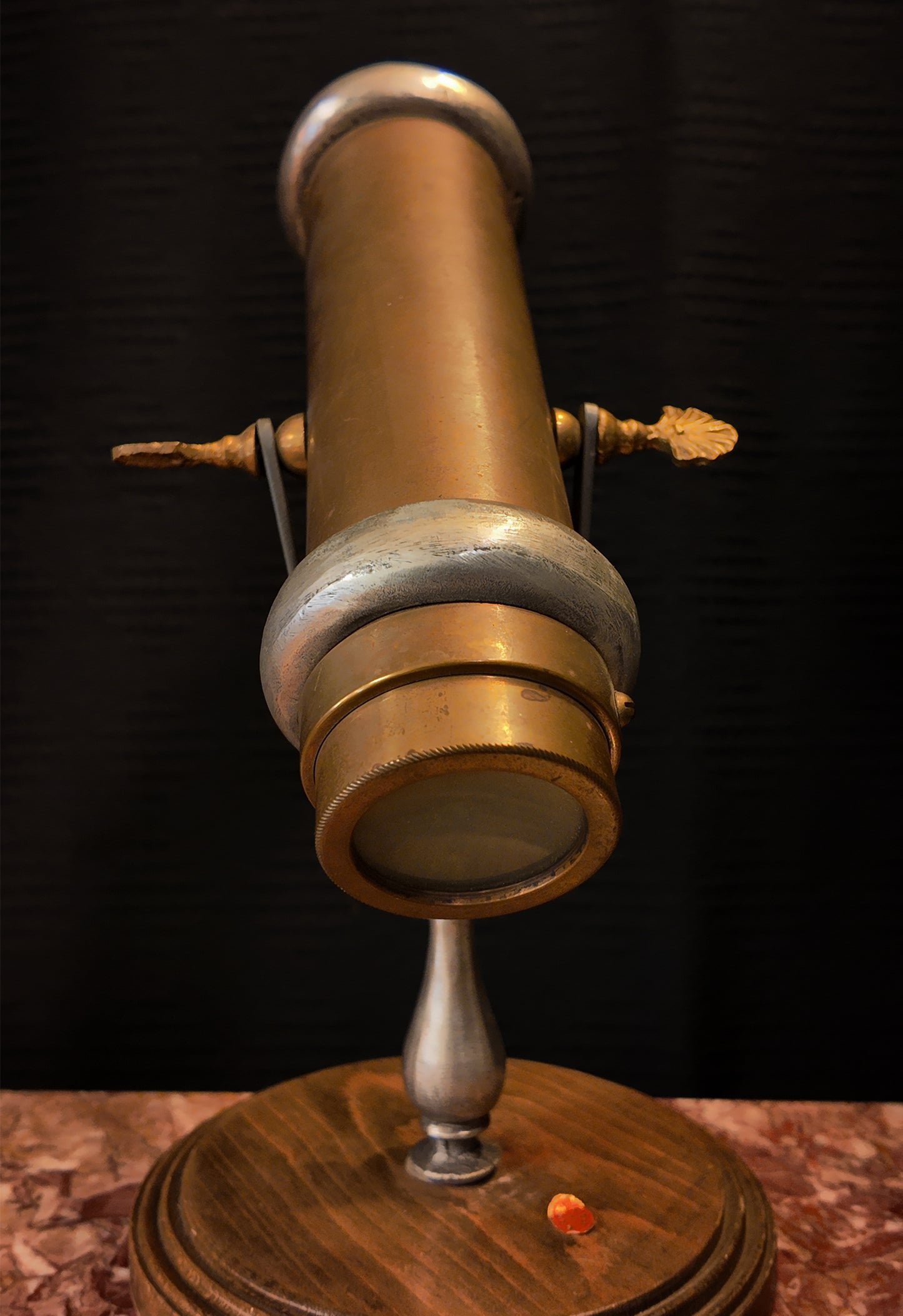 Vintage Italian Brass & Pewter Tabletop Parlor Kaleidoscope on Wood Base Mid-Century