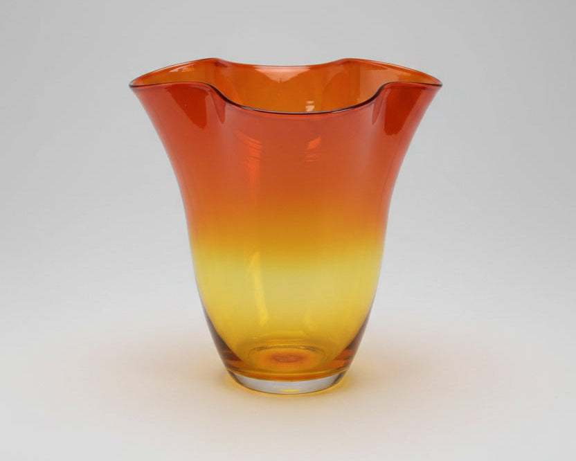 Vintage Blenko Glass Tangerine Amberina Ruffled Vase Yellow Red Orange Ombre 9"