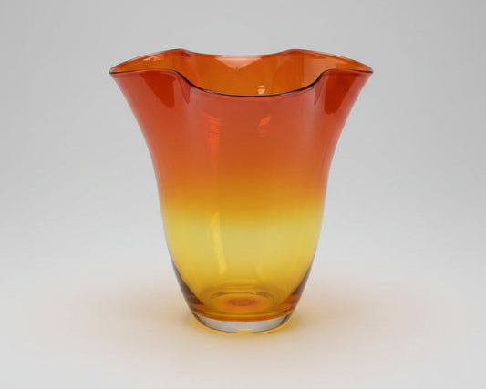 Vintage Blenko Glass Tangerine Amberina Ruffled Vase Yellow Red Orange Ombre 9"