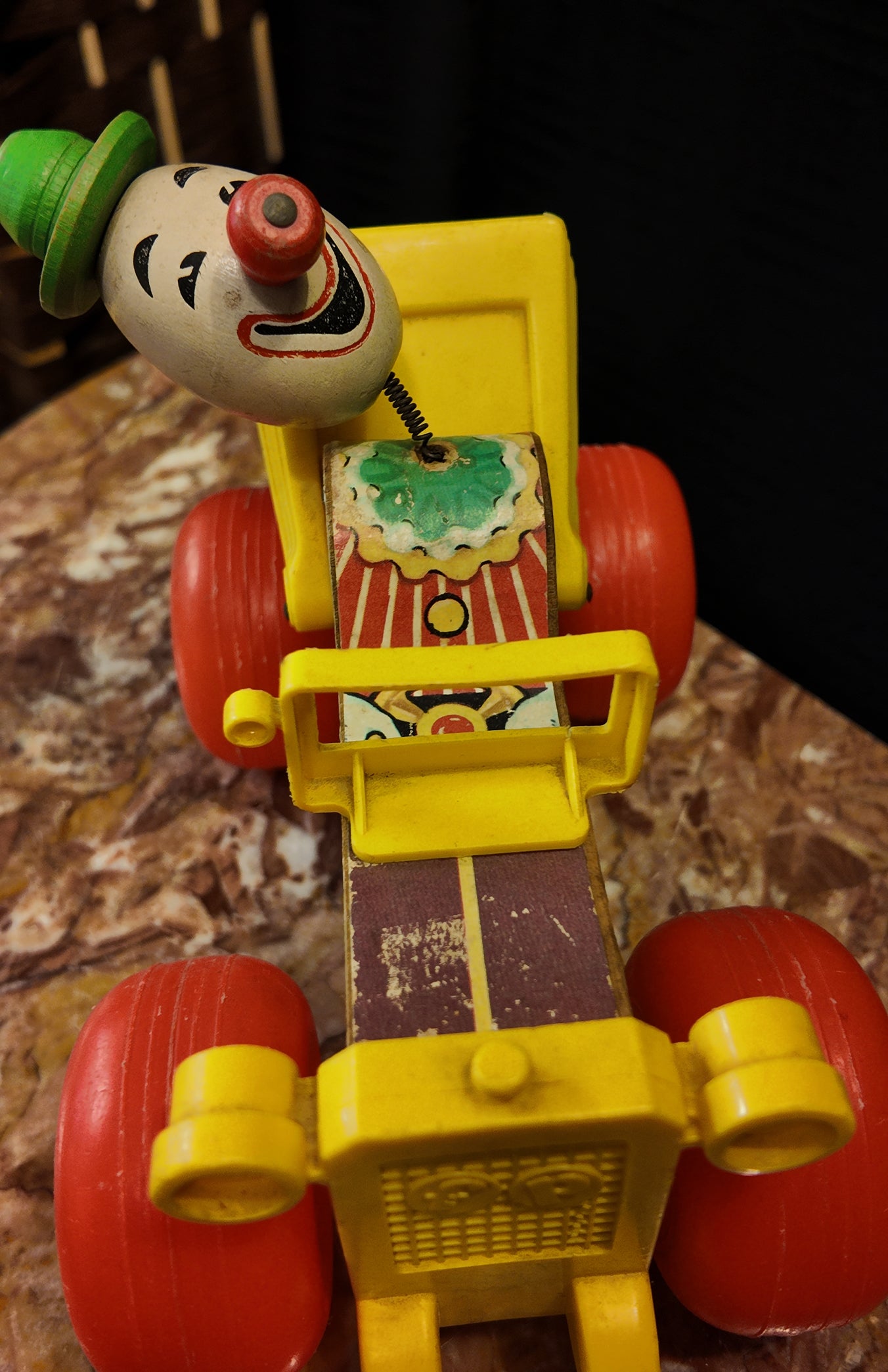 Vintage 1965 Fisher Price Jolly Jalopy Clown Pull Toy 724 Wooden Vehicle WORKS