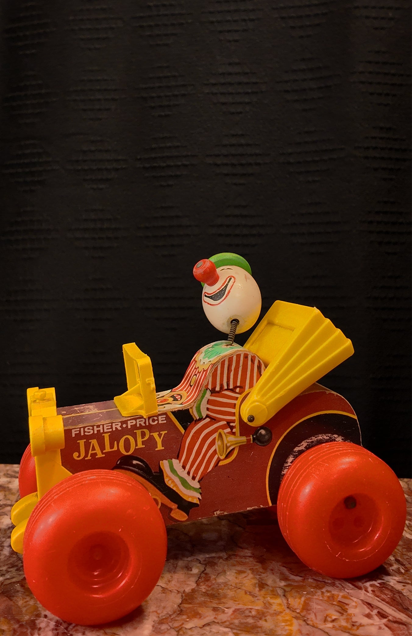 Vintage 1965 Fisher Price Jolly Jalopy Clown Pull Toy 724 Wooden Vehicle WORKS