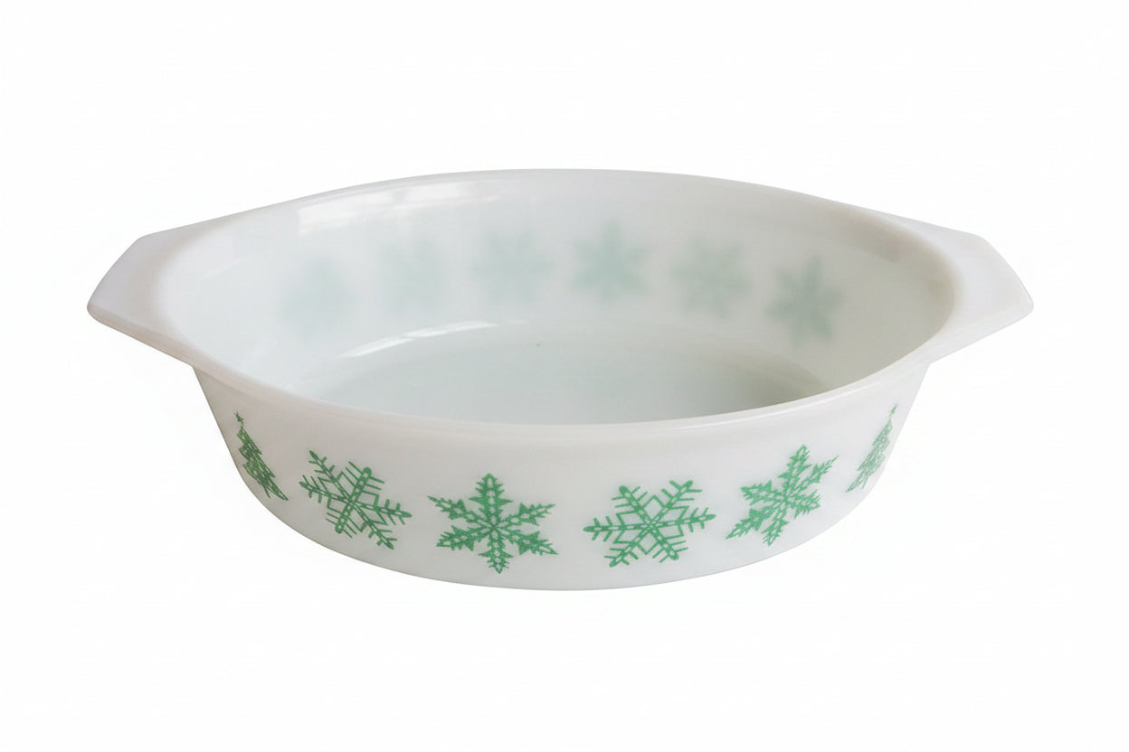 Vintage Pyrex Snowflake 045 Oval Casserole Dish 2.5 Qt White Turquoise 1950s No Lid