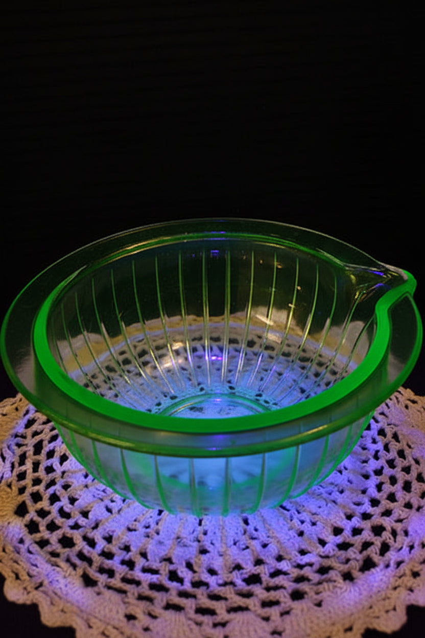 Vintage Hazel Atlas Green Depression Glass Ribbed Mixing Bowl Pour Spout Uranium Glass 1930s