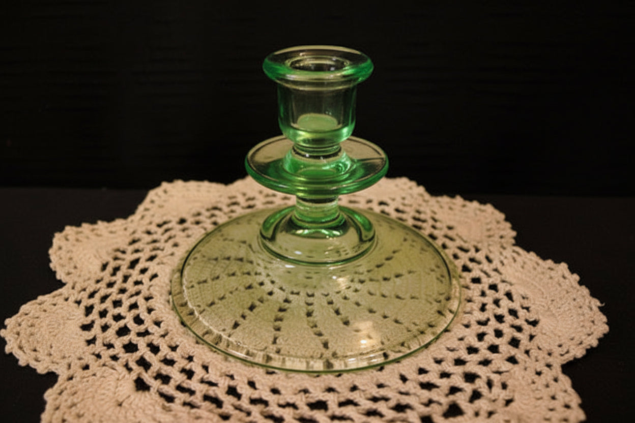 Antique Green Uranium Glass Candlestick Holder | 1930s Depression Glass