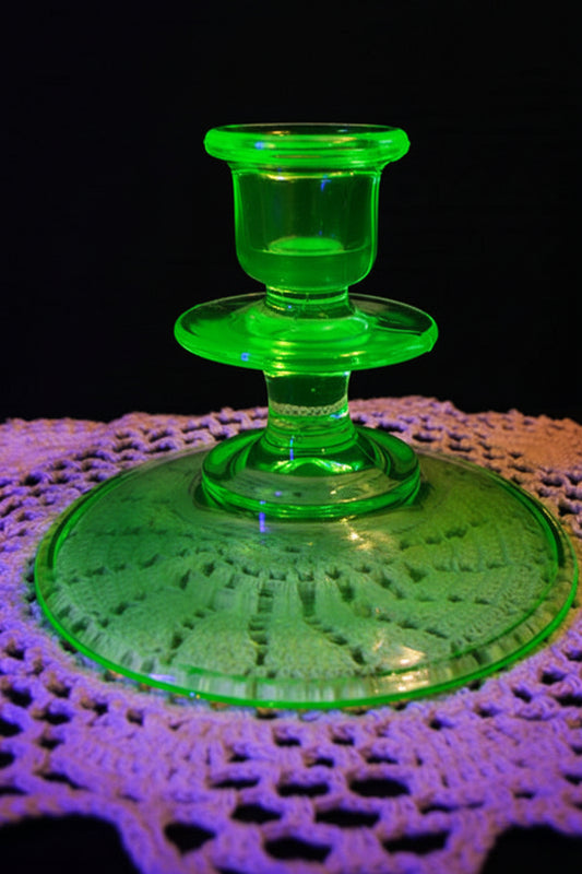 Antique Green Uranium Glass Candlestick Holder | 1930s Depression Glass