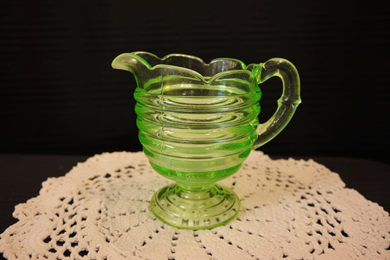 Vintage Anchor Hocking Circle Green Depression Glass Creamer Pitcher Uranium Glass Glows 1930s