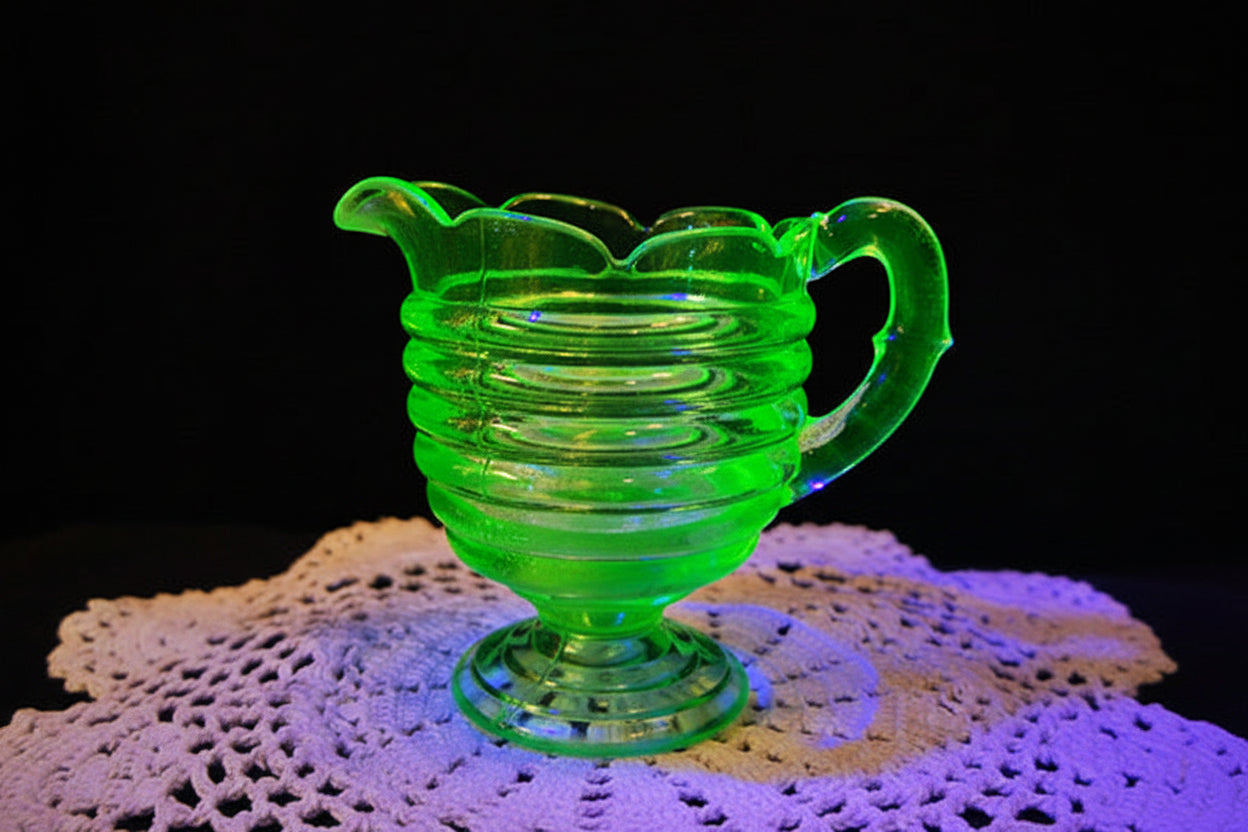 Vintage Anchor Hocking Circle Green Depression Glass Creamer Pitcher Uranium Glass Glows 1930s