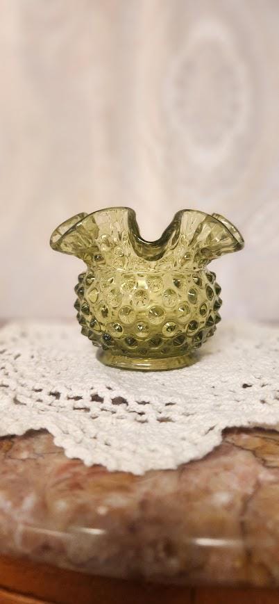 Vintage Fenton Glass Colonial Green Hobnail Ruffled Rose Bowl Small Vase 3" MCM
