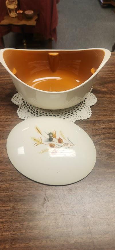 Vintage Taylor Smith Ironstone Soup Tureen, Mid Century White & Rust