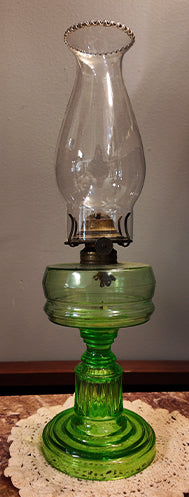 Antique Late Victorian Emerald Green Glass Kerosene Oil Lamp with Plume & Atwood Brass Burner
