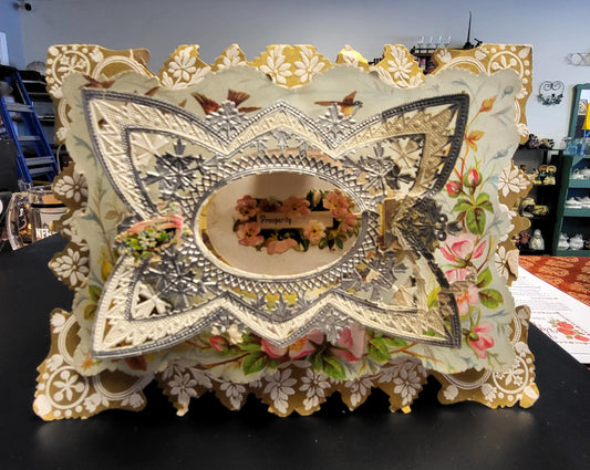 Antique Victorian Valentines Day Card - Die-Cut Lace, Flowers, Prosperity, Pop-Up
